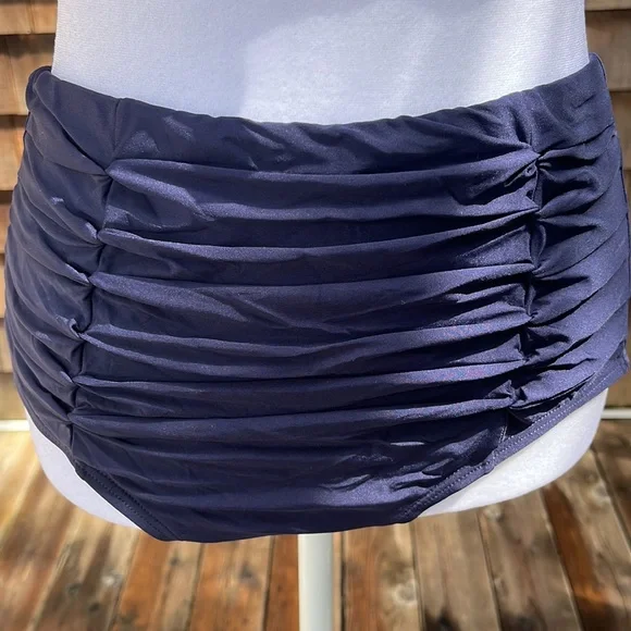 DKNY 2pc. Bikini Bathing Suit. Retro Style Hi Waist w/Padded Underwire Bra. Navy - Picture 4 of 12